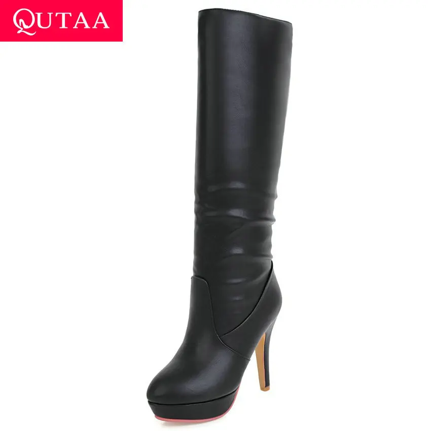 

QUTAA 2020 New PU Leather Fashion Platform Slip on Mid Calf Boot Warm Fur Concise Women Shoes Thin High Heels Black Size 34-43