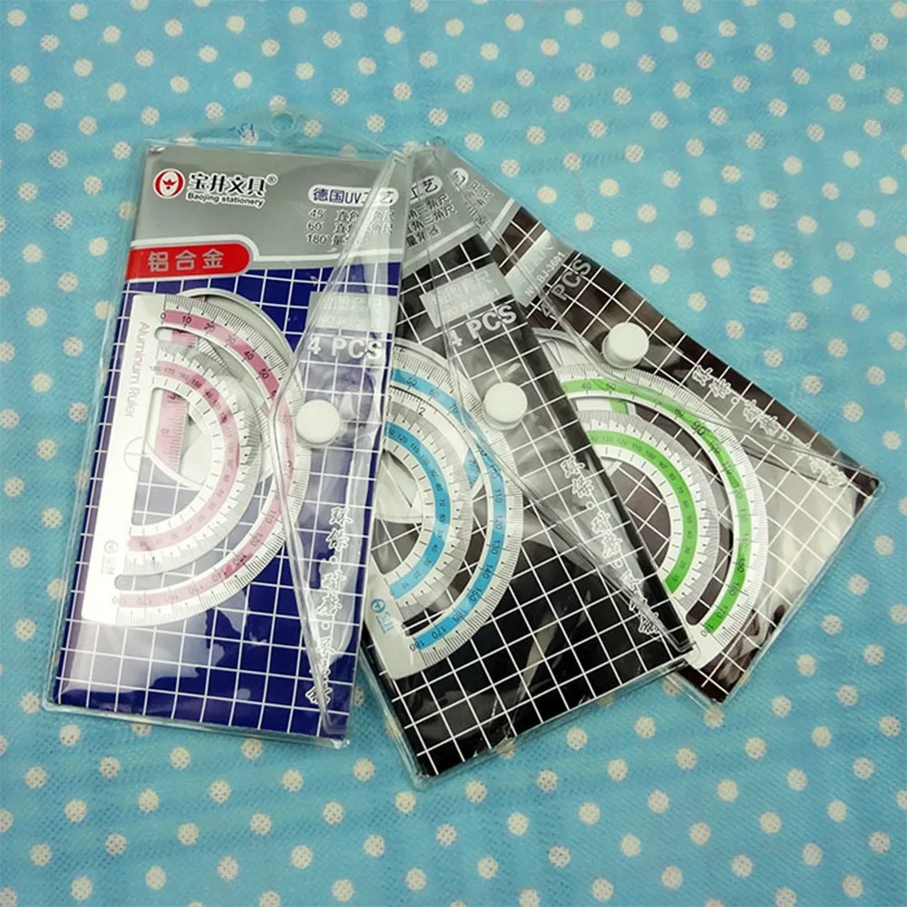 

4Pcs=1Pack students drawing school supplies Set square triangle ruler Aluminum Alloy protractor/four sets