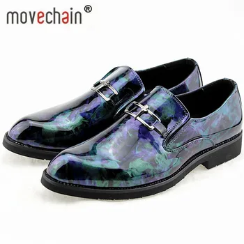 

Movechain Men's Fashion Patent Leather Printed Dress Shoes Mens Casual Wedding Party Driving Oxfords Man Lace-up Business Flats