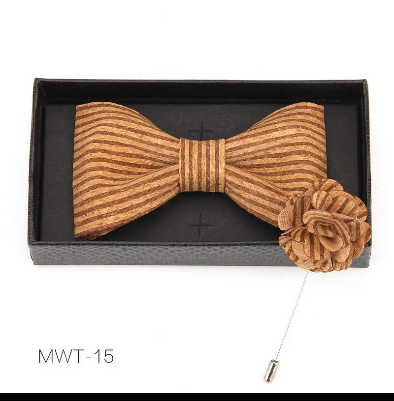 Новая мода, индивидуальная повседневная мужская креативная деревянная пробка, трендовый Повседневный галстук-бабочка, деревянный нагрудный цветок, два предмета - Цвет: MWT15
