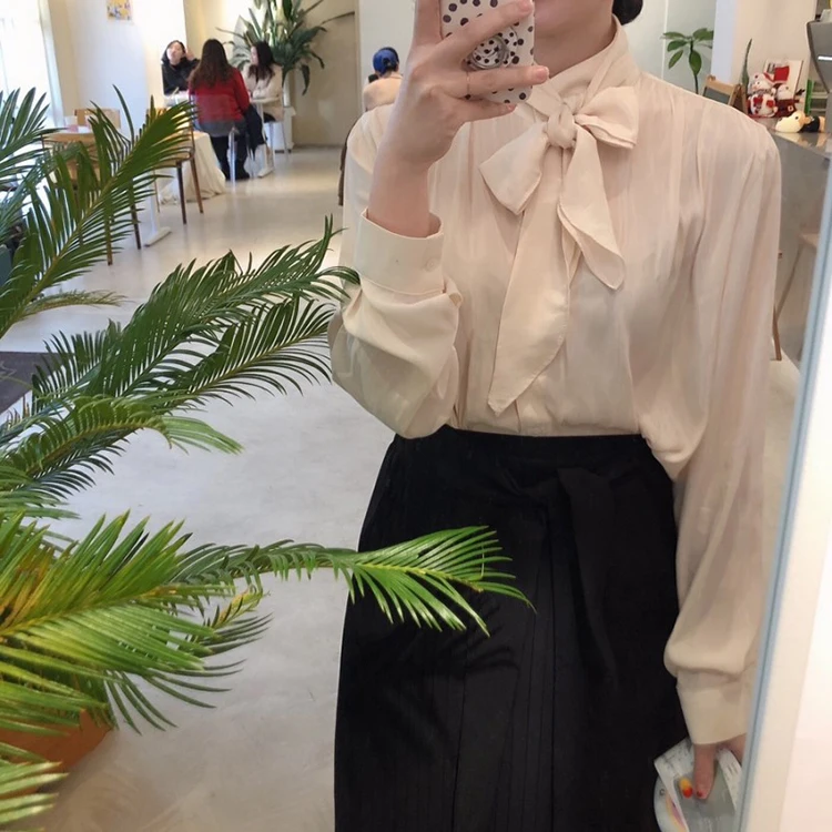 

Office Lady with Tie Bow Blouse Solid Color Long Sleeve Top Shirt Women Spring Chemise Femme Chemisier Blusa Mujer Camisa