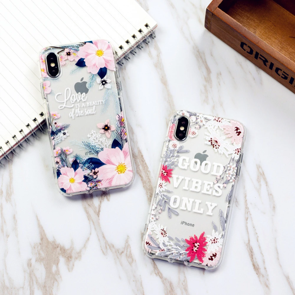 

Flower Phone Cases For iPhone Xs Max XR X 10 7 8 Plus 6 6s Plus TPU Soft Floral Transparent Shockproof Back Fitted Cover DI40