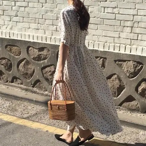 

Women Summer Polka Dot Slim Waist Bandage Long Dress Female Vintage Vestidos with Belt Sundress Robe Longue Femme ZomerJurkLJ132