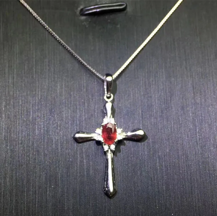 Натуральное Настоящее рубиновое ожерелье с крестом,, Настоящее серебро 925 пробы, хорошее ювелирное изделие, 0.6ct, драгоценный камень# X8091905