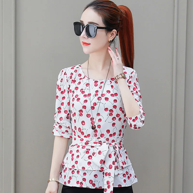  Fashion Printed Lady White Chiffon Blouses Size S-3XL New Korean Smart Waist Rayon Sweet Women Casu