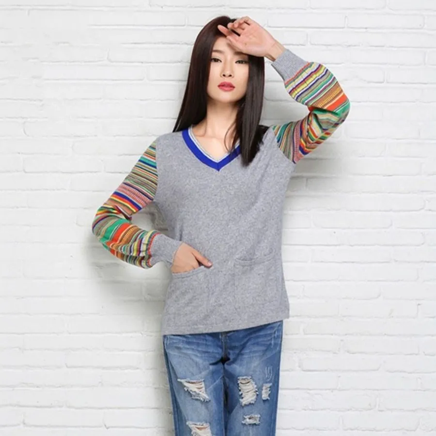 Automne Hiver Nouveau En Cachemire couleur Manches femmes de V-col splice Knit Courte section poche chandail | Женская одежда