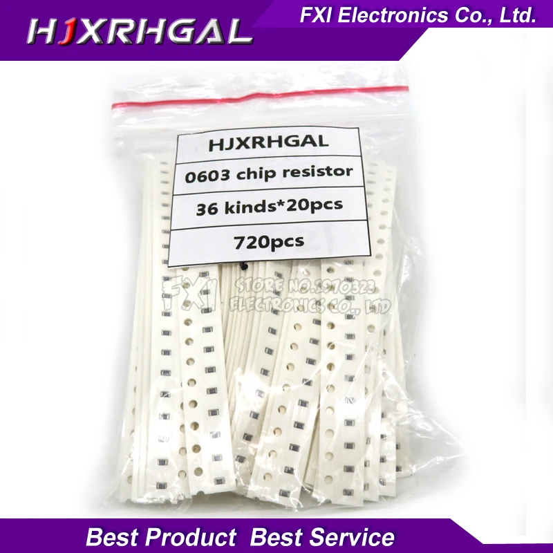 

36valuesX20pcs=720pcs 0603 1ohm-10Mohm SMD Resistor Kit Assorted Kit 5% component diy samples kit new and original
