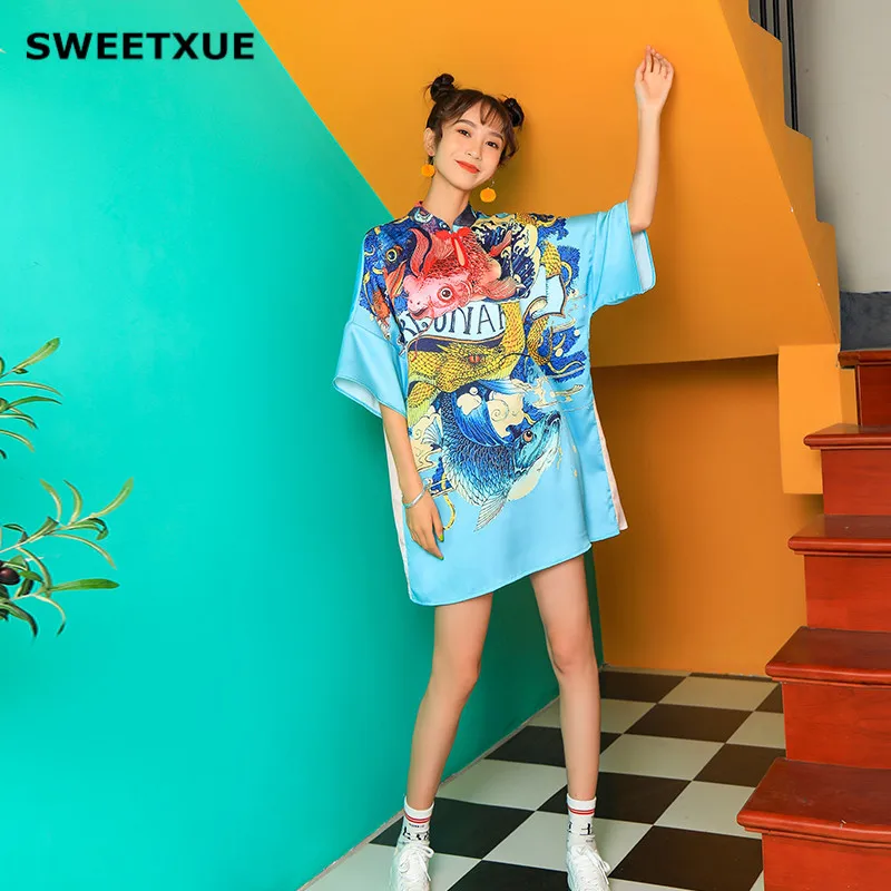 SWEETXUE/элегантное платье в винтажном стиле; свободный чеонгам; коллекция года; Летние повседневные Мини-платья в китайском стиле с принтом золотой рыбки; Vestidos Femme