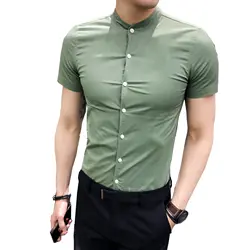 2019 новые летние Для мужчин; короткий рукав рубашка однотонная плотно и с коротким рукавом для отдыха рубашка Для мужчин s Бизнес стенд