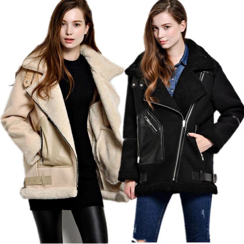 

New 2017 Winter Women Motorcycle Faux Lambs Wool Coat Female Plus Size Loose Shearling Coats Faux Suede Leather Jackets H134