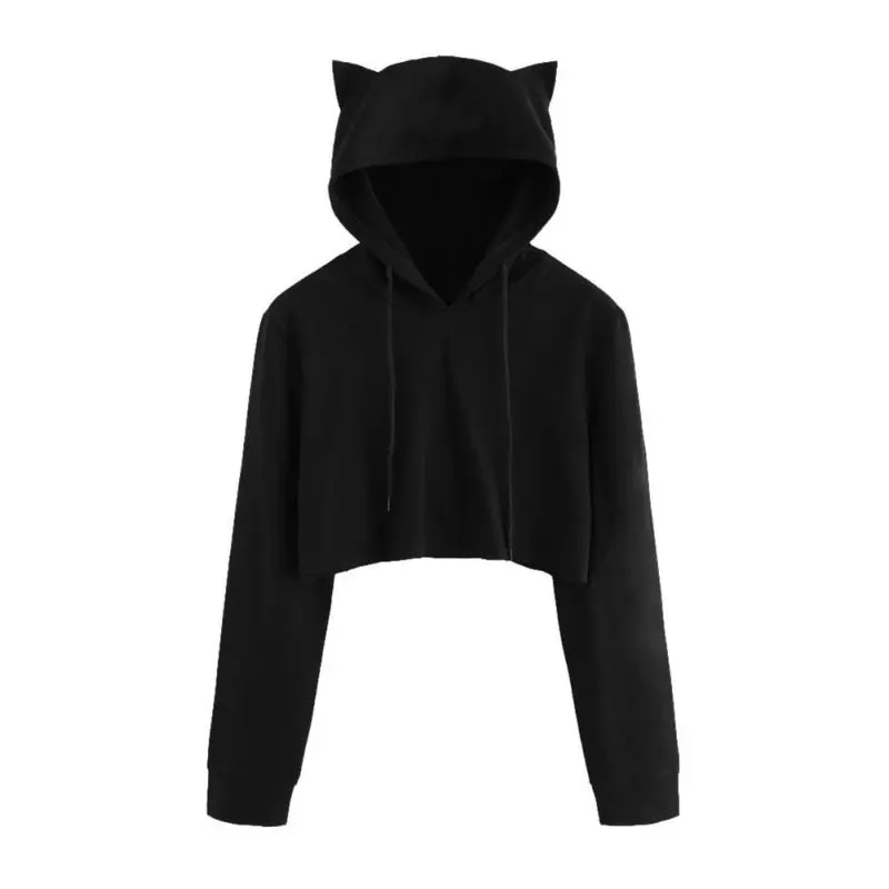 

Teen Girls Cute Cat Ear Breathable Trim Sweatshirt Crop Top Long Sleeve Pullover Hoodies T7
