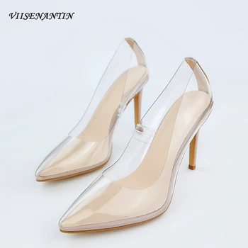 

VIISENANTIN clear pvc high heel shoe pointed toe shallow mouth slip on lazy women dress shoe orange blue beige nude female shoe