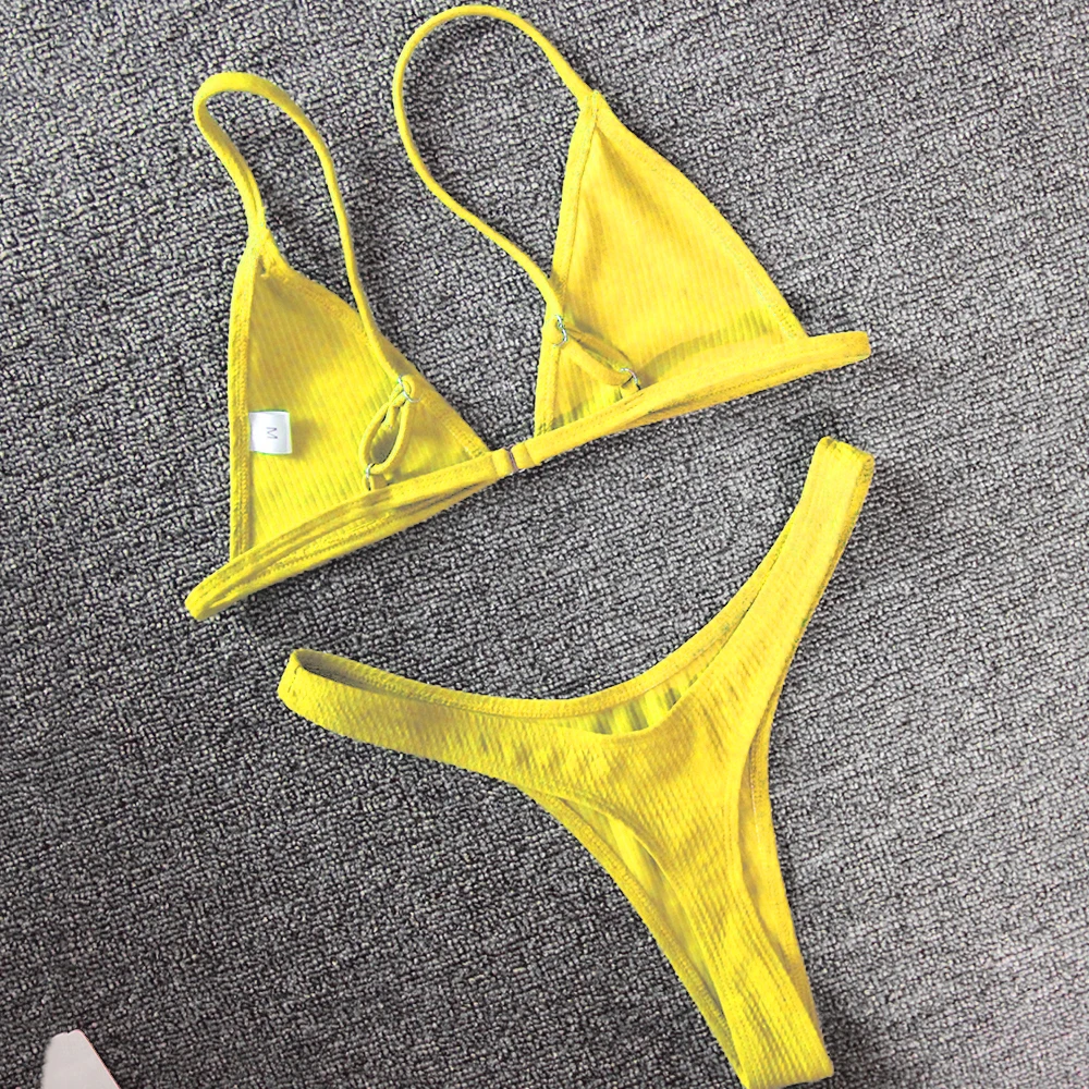 Желтые ребристые бикини, сексуальный комплект бикини с высокой посадкой, купальник для женщин, бразильский купальник, женские стринги, бикини-танга, купальный костюм
