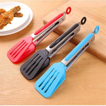 

100Pcs/Lot Silicone Kitchen Cooking Salad Serving BBQ Tongs Stainless Steel Handle Utensil Random Color