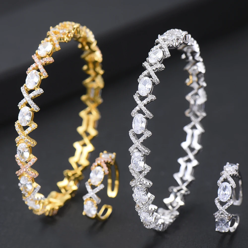 GODKI Luxury Geometry Bangle Ring Set Cubic Zircon CrystaL Flower