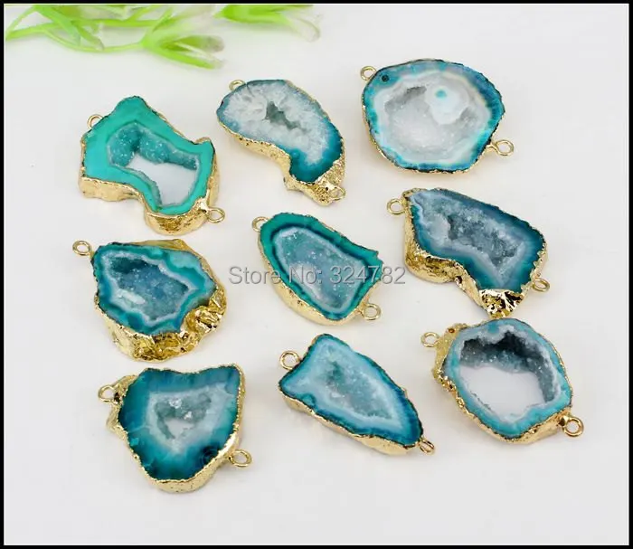 

5pcs Natural Geode Slice Stone Connectors,Gold Metal Natural Gem stone Connectors in Green color,For Making Jewelry