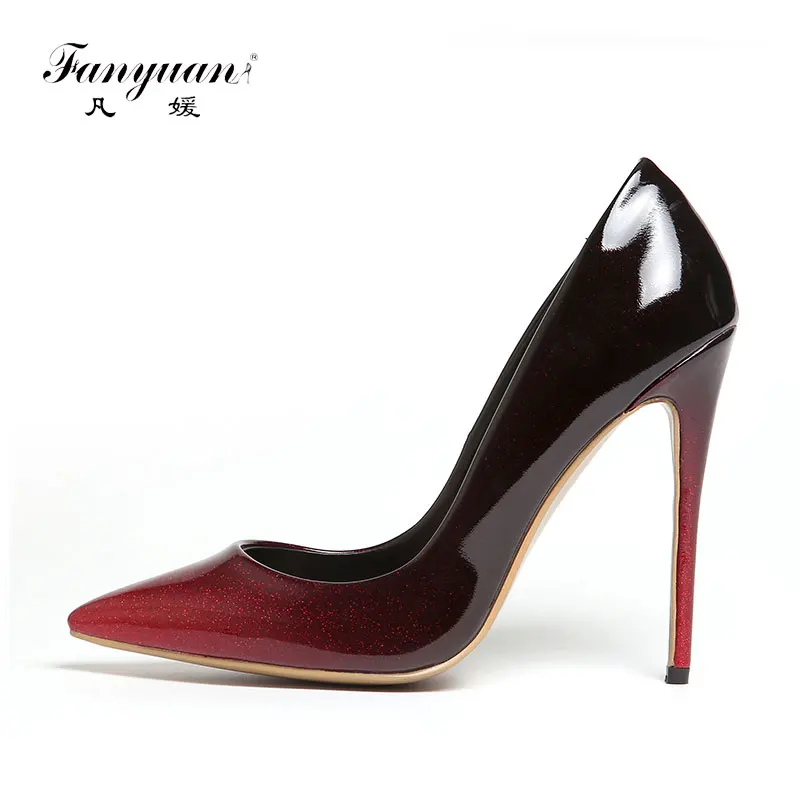 

Fanyuan Women Super High Heels Sexy Thin Heels Pumps red Patent Leather Pointed Toe Party/Wdding Stilettos Shoes For Woman