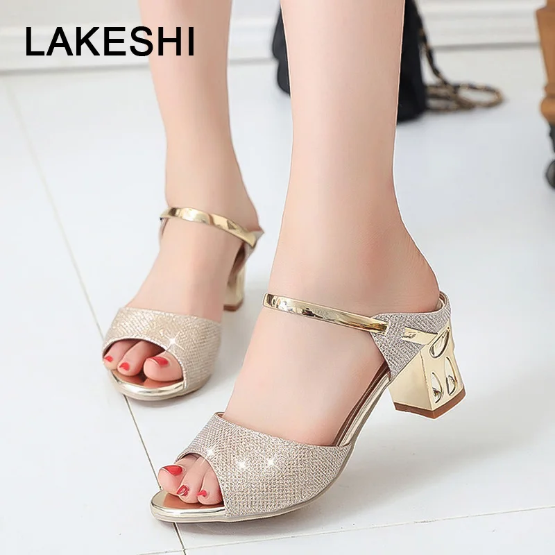 

2019 New Women Shoes Metal Square Heels Women Sandals Gold Sliver High Heels Shoes Peep Toe Party Female Sandalias Ladies Shoes