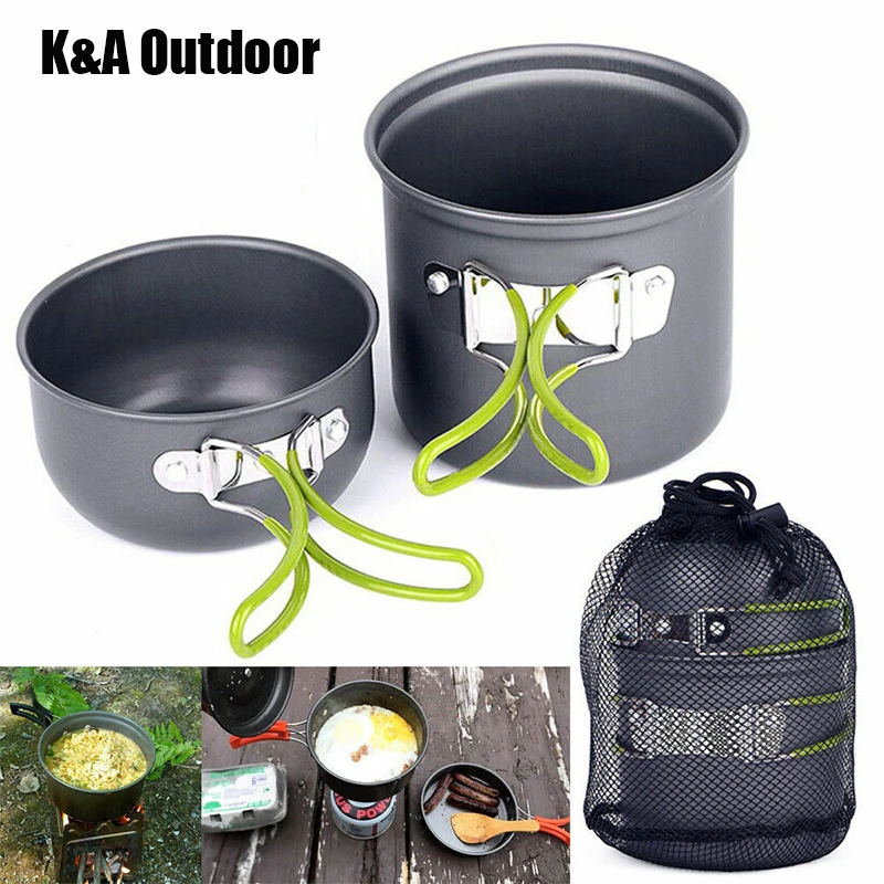 

K&A Outdoor Camping Pans 2pcs Non-stock Camping Cookware Hiking Cookware Backpacking Cooking Picnic Bowl Pot Set Potable