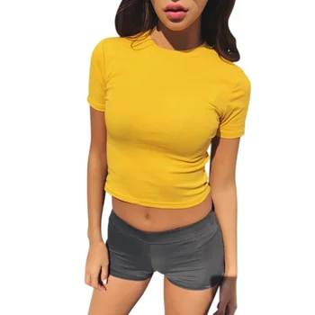 

Summer Women T Shirt Short Sleeve O-neck Casual Cotton Black White Red Yellow Tops Tees Female Ladies Crop Top