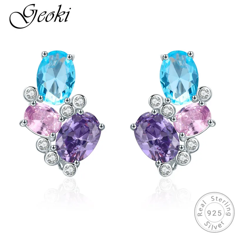 

Geoki 925 Sterling Silver Blue&Pink Oval Cubic Zirconia Grape Shaped Clip Earrings Female Authentic S925 Triple Zircon Earrings
