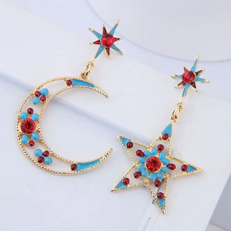 

European Fashion Metal Jewelry Star Moon Asymmetric Crystal Temperament Earrings