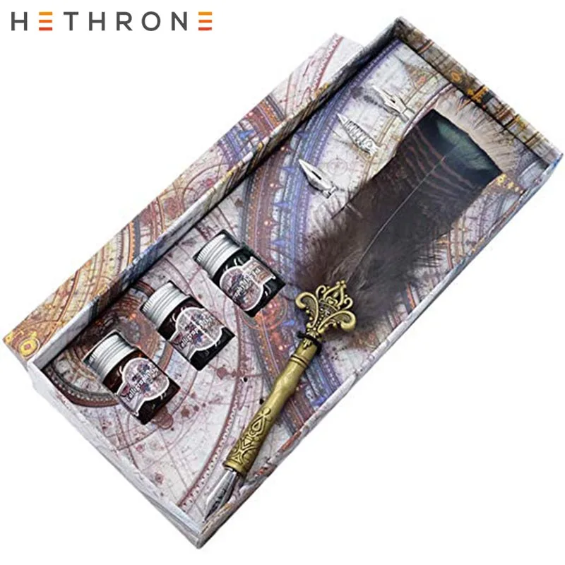 

Hethrone Vintage green metal Fountain Pen English Writing Quill Dip Water Pens Set for Calligraphy feather Beginner gift pen
