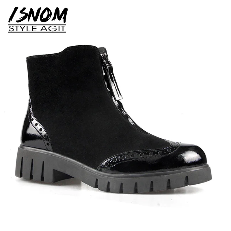 

ISNOM Cow Leather Women Ankle Boots Round Toe Footwear Warm Wood Liner Zip Female Boot Platform Shoes Woman 2018 Autumn New