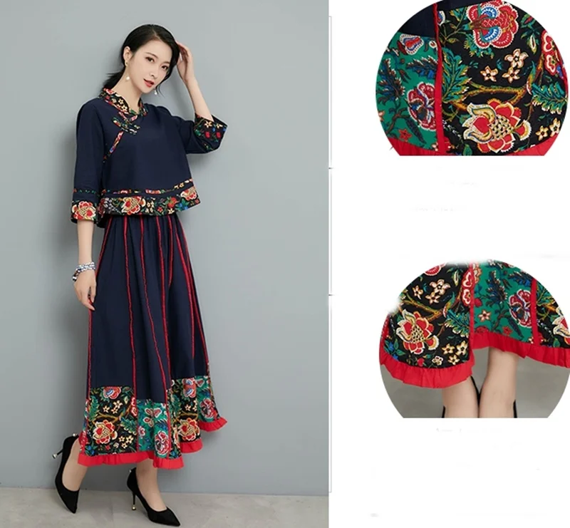 Этнические женские комплекты из двух предметов юбка набор Ципао ВЫШИВКА ВИНТАЖНЫЕ наряды традиционная китайская одежда для женщин TA1421