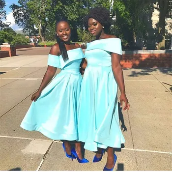 

Elegant Satin Short Bridesmaid Dresses For Wedding Party 2019 TWO Styles African Plus Size Off Shoulder Maid Of Honor Gowns