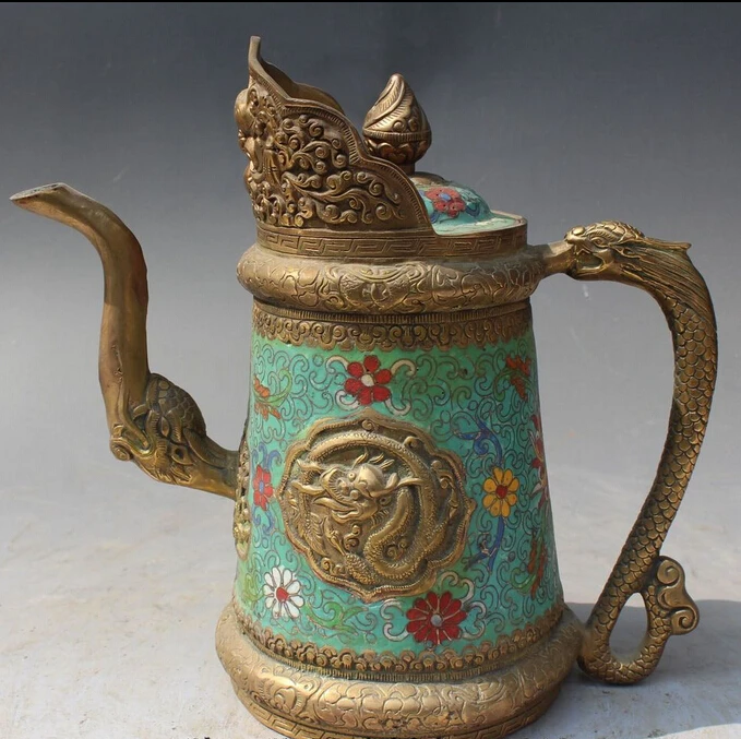 

006064 10" Folk Chinese Cloisonne Enamel Bronze Gilt Dragon Wine Tea Pot Flagon Statue