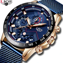 2019 New LIGE Blue Casual Mesh belt Fashion Quartz Gold Watch Mens Watches Top Brand Luxury Waterproof Clock Relogio Masculino