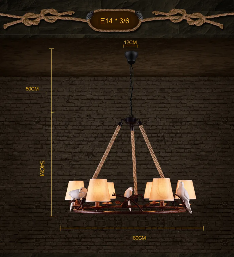 Американский кантри Ретро пеньковая веревка подвесной светильник лампы с птицами винтажный Конопляный шнур подвесные светильники для