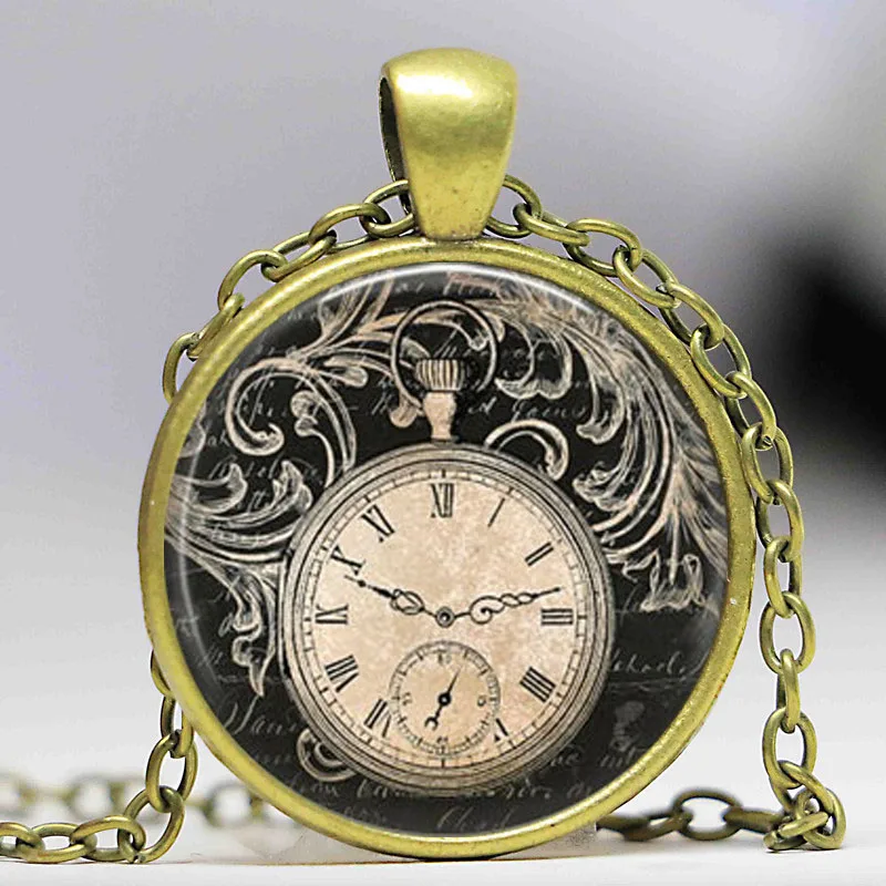 Free shipping Vintage Clock Necklace Round clock pocket watch pendant Art photo Pendant Glass