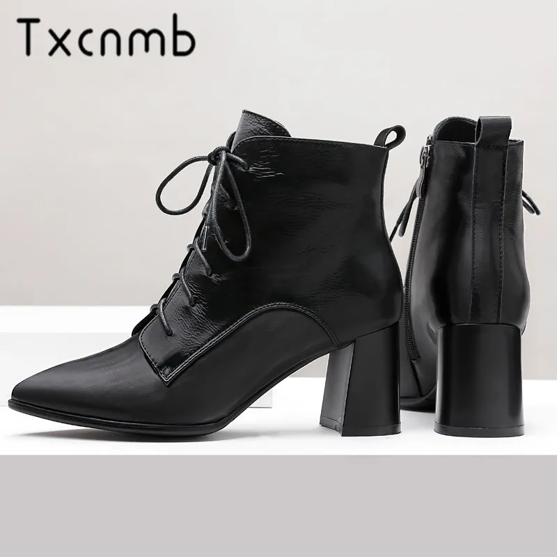 

TXCNMB 2019 Winter Autumn Boots Women High Heel Ankle Boots Cow Leather Motorcycle Ladies Pointed Toe Shoes Woman Size 42 43