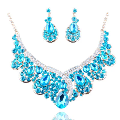 Европейская американская мода CZ Циркон сплав кулон свадебное ожерелье и серьги костюм Ближний Восток Африка горячая ювелирный набор - Окраска металла: Light Blue