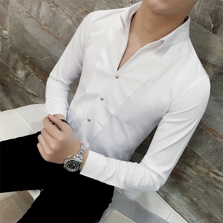 Quality Shirt Dress Brand New Slim Fit Mens Casual Shirts Solid All Match Streetwear V Neck Long Sleeve Shirt Men Clothes