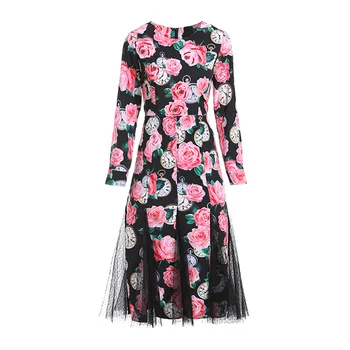 

New temperament set auger nail bead sequined fishtail pendulum clocks printing splicing yarn of roses dress