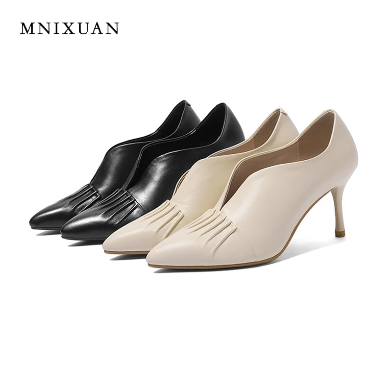 Mnixuan Tamaño Mujeres Oficina Nuevo Puntiagudo Las Roma Pie 43 Zapatos Hecho A Señora Fino Bombas De Altos Beige Estilo Dedo Tacones Tacón Del Genuino 2019 negro Mano Cuero SnB0rSxOAq