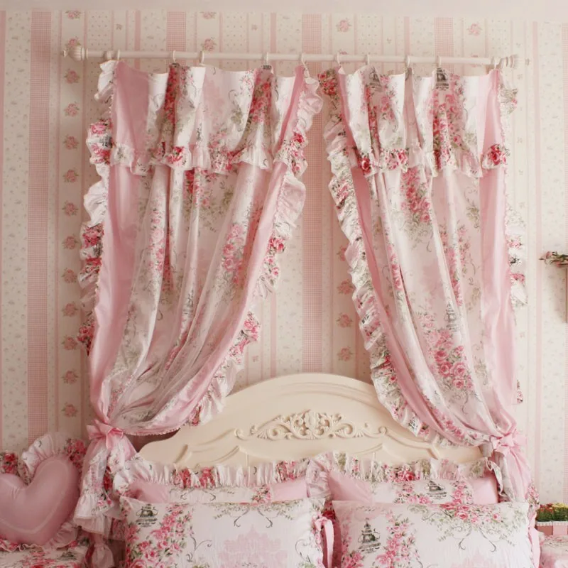 Korean Style Princess Pink Rose Ruffle Curtain Window