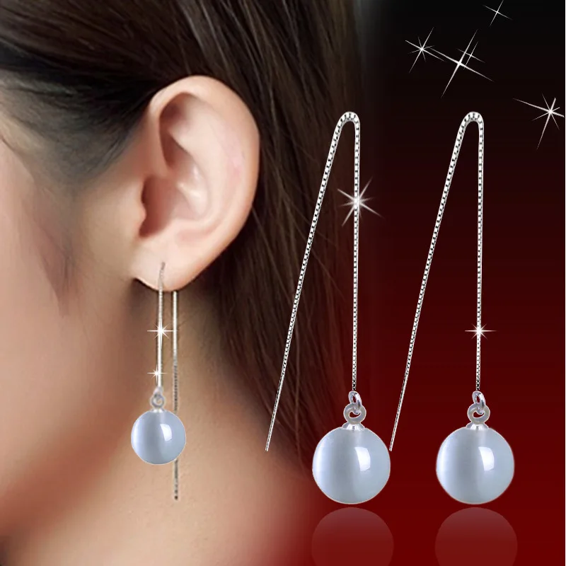 

Wholesale Fashion Jewelry Silver Plated Cat's Eyes Stone Opal Long Dangle Earrings Ear Line Stud
