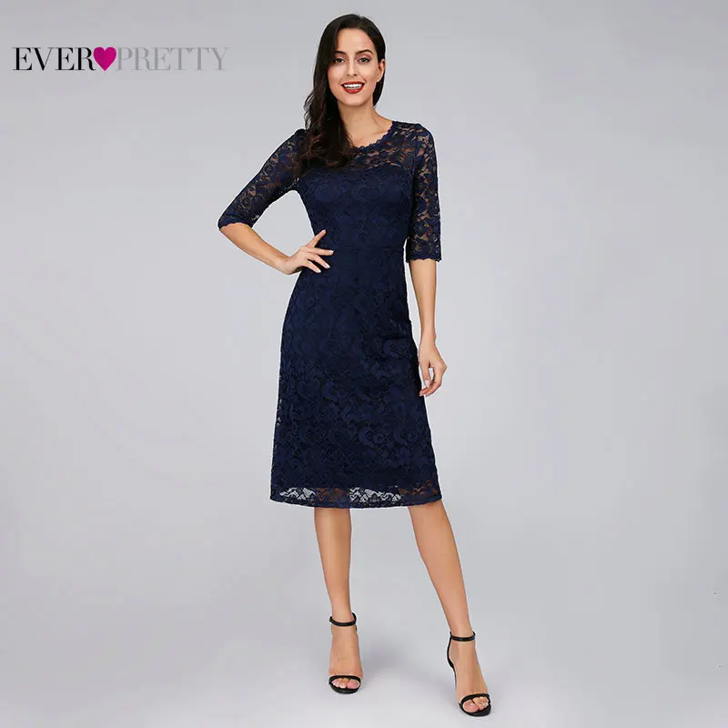 Темно-синие кружевные коктейльные платья Ever Pretty ez07565nb прозрачные рукава до колен vestidos mujer элегантные коктейльные платья