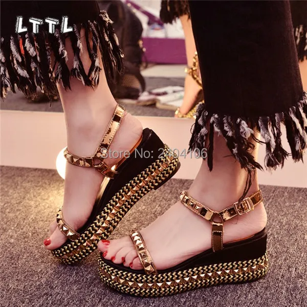 

LTTL Size 43 Sandalias 2018 Black Silver Gold Rivet Studs Women Wedges Sandles Summer Shoes Woman Spiked Platform Wedge Sandals