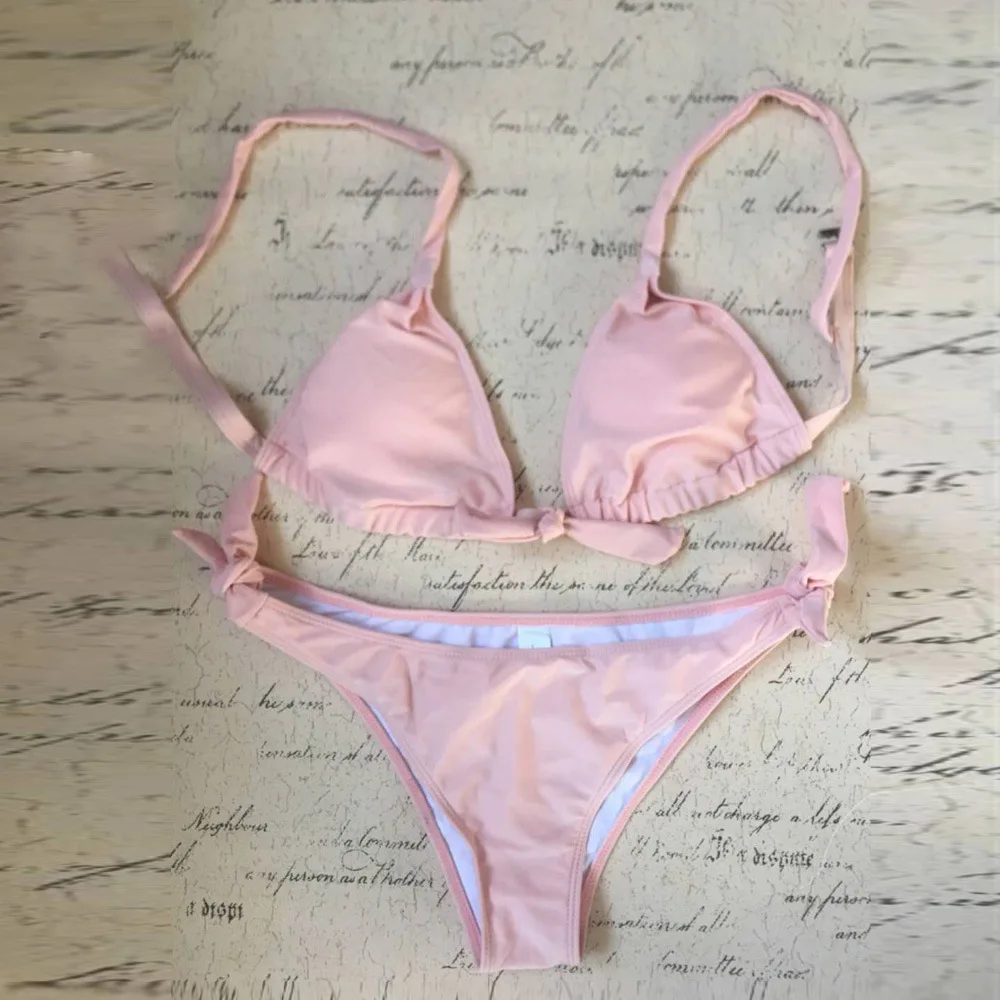 Sexy Soild Two Piece Smoked Women's Bikini Padder Push up Front Kontted Swimsuit Top With Cut Out Tie Side Tankini Size XL 1