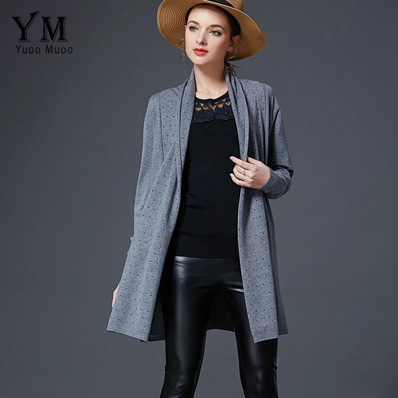YuooMuoo New Spring Casual Loose Women Knitted Wool Swearter Autumn Cashmere Open Stitch Dot Long Grey Cardigans