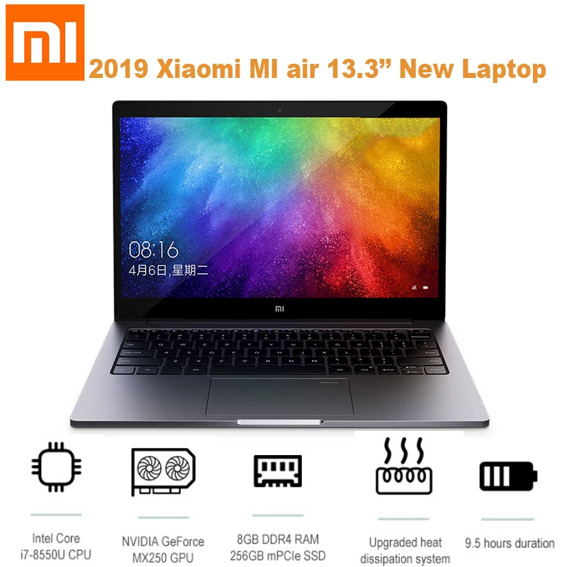 Xiaomi Mi Air 2019 13,3 ''ноутбук с системой Windows 10 OS/Intel Core i7-8550U 8 Гб ram 256 ГБ SSD/датчик отпечатков пальцев/1.0MP камера