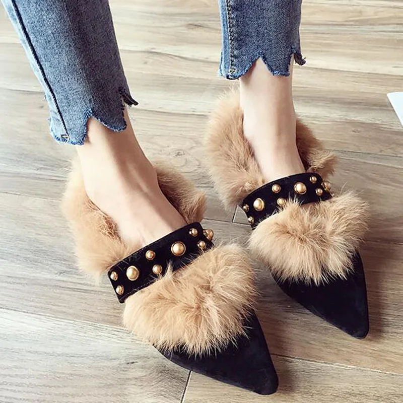 

hight colors Brand Winter Women Fur Medium Heels Pumps Rabbit Fur Buckle Strap Shoes Woman Casual Shoes Plaid Ladies Shoes hc259