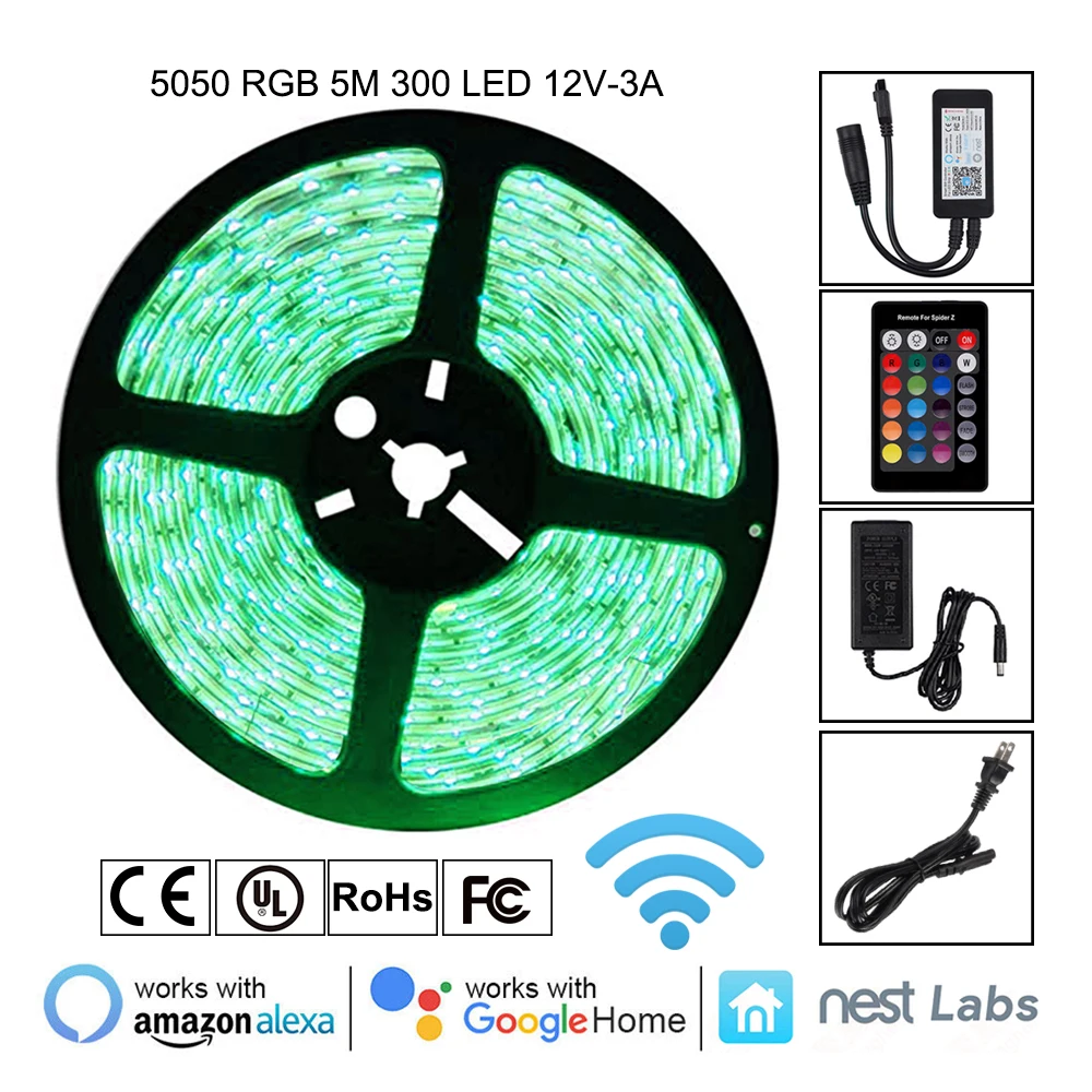 

5050 RGB Wifi Controller LED Strip light 5M 60led/m Waterproof ip 65 neon Flexible Tape diode ribbon DC 12V adapter set