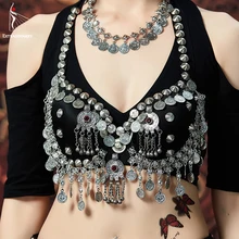 Женский топ для танца живота ATS в этническом стиле, бюстгальтеры с серебряной цепочкой и металлическими шпильками, винтажный лифчик с монетками, цыганская танцевальная одежда, топы, костюмы