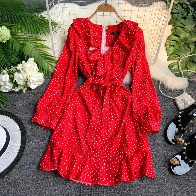 

2019 new fashion women's clothing adult Dress ruffled V-neck waist tie with dot lotus leaf